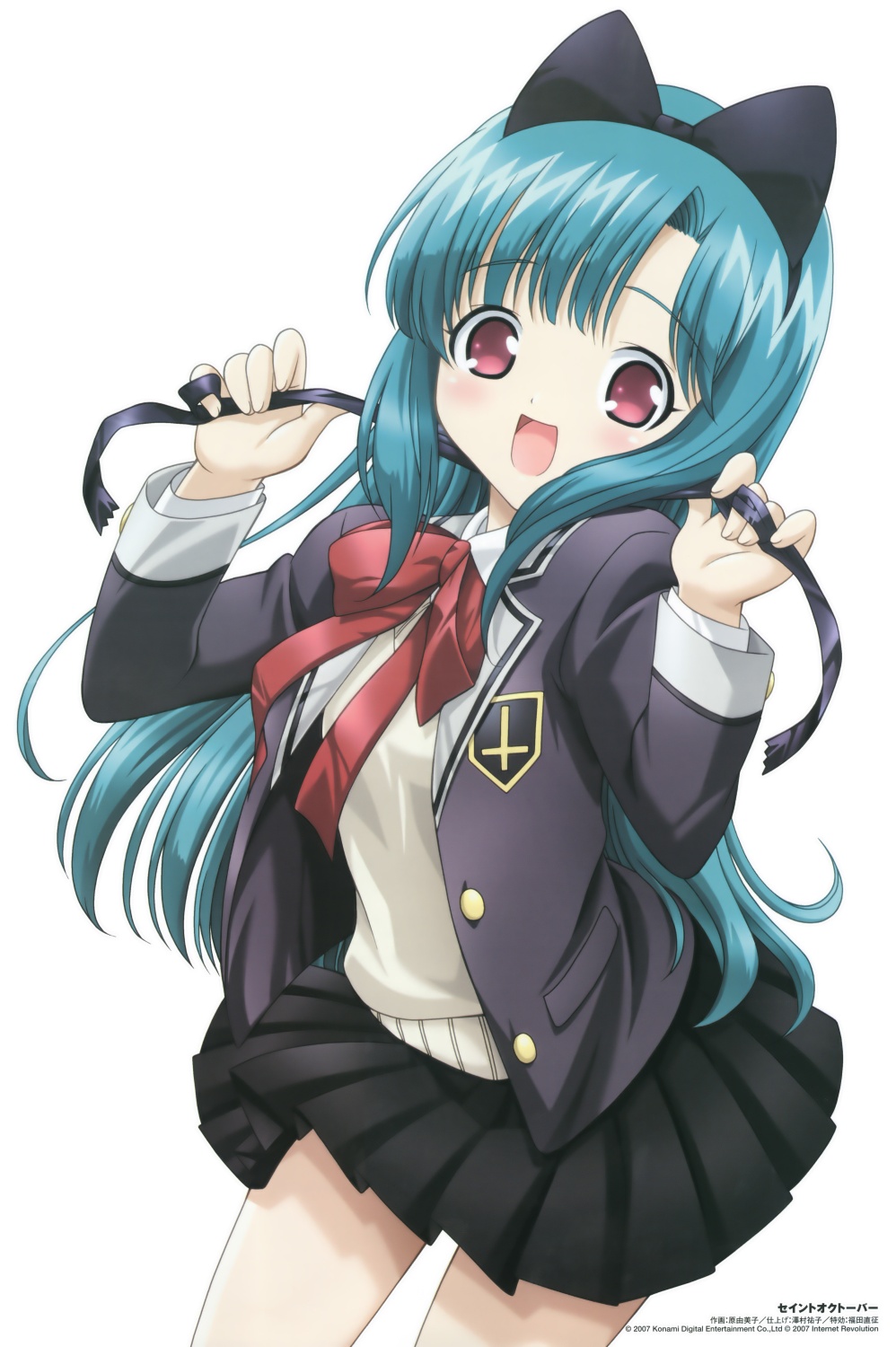 hara yumiko, hayama kotono, saint october, highres, 00s, 1girl, blazer, blush, bow, female focus, green hair, jacket, long hair, pink eyes, school uniform, skirt, smile, solo