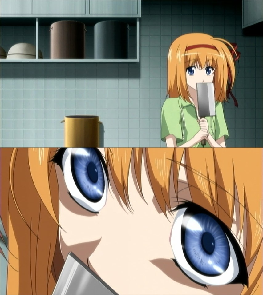 fuyou kaede, shuffle!, anime screenshot, 00s, blue eyes, cleaver, hairband, kitchen, knife, orange hair, split screen, yandere