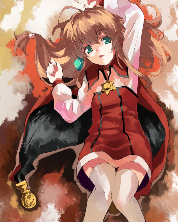 kusanagi kikoku, lilka eleniak, wild arms, wild arms 2, 1girl, arms up, brown background, brown hair, cape, female focus, green eyes, hair ornament, long hair, low-tied long hair, solo, sphere hair ornament, thighhighs, white thighhighs, zettai ryouiki