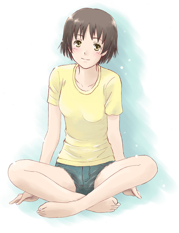 takahashi mugi, kaminagi ryouko, zegapain, 00s, barefoot, denim, denim shorts, feet, indian style, shorts, sitting, solo