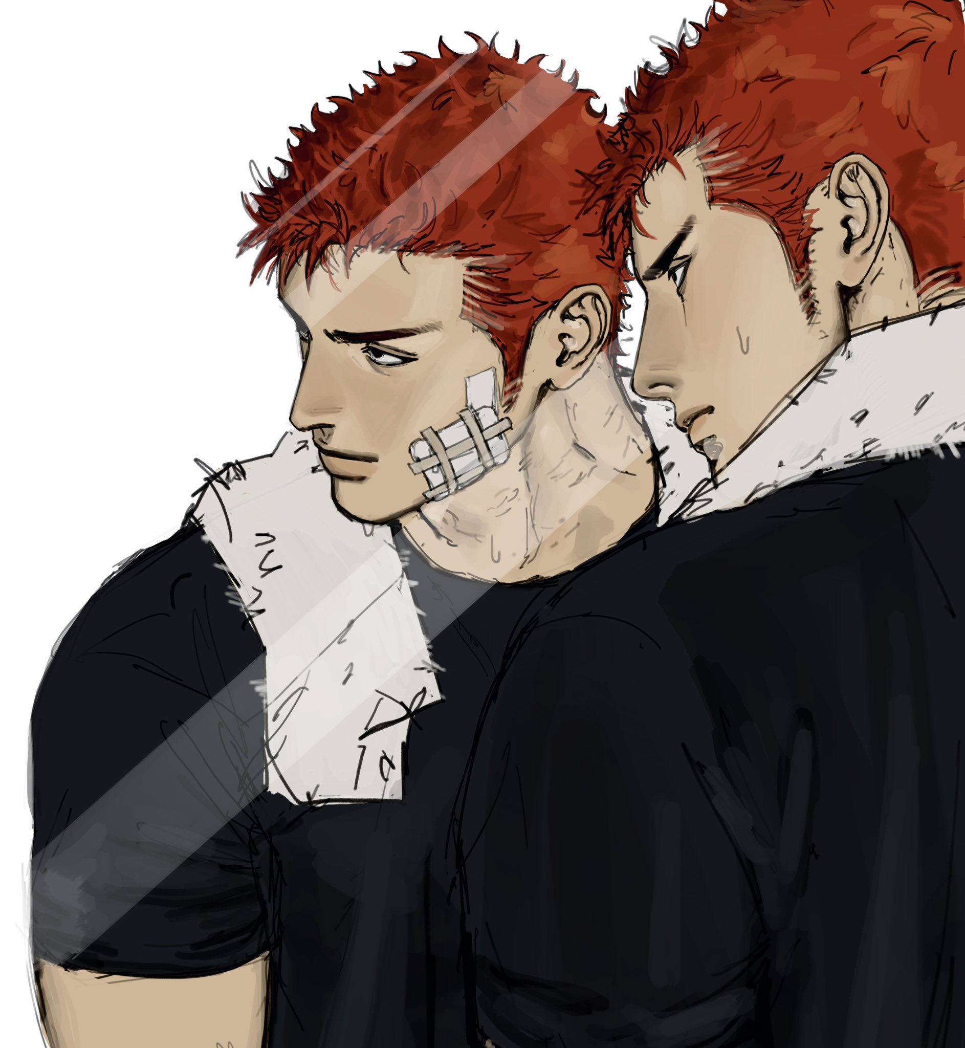 junkboh, sakuragi hanamichi, slam dunk (series), commentary, hashtag-only commentary, highres, 1boy, black shirt, closed mouth, crew neck, gauze, gauze on cheek, looking to the side, male focus, profile, red hair, reflection, shirt, short hair, short sleeves, sideburns, t-shirt, towel, towel around neck, very short hair