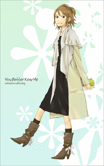 yoshito, original, 1girl, apple, arms behind back, black socks, boots, brown boots, brown eyes, brown hair, capelet, coat, dress, english text, fashion, female focus, floral background, food, from side, fruit, full body, grin, half updo, high heel boots, high heels, holding, holding food, holding fruit, smile, socks, solo, standing, trench coat