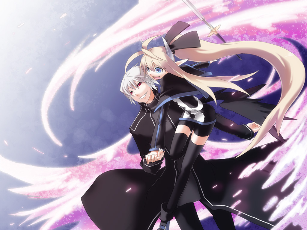 kurose, kuze (ira), original, 1boy, 1girl, ankle boots, antenna hair, black ribbon, black thighhighs, blonde hair, blush, boots, capelet, coat, fang, full body, grin, hair ribbon, hetero, holding, holding hands, leg up, looking at viewer, outstretched arm, pointy ears, red eyes, ribbon, shorts, smile, sparkle, standing, standing on one leg, teeth, thighhighs, twintails, zettai ryouiki
