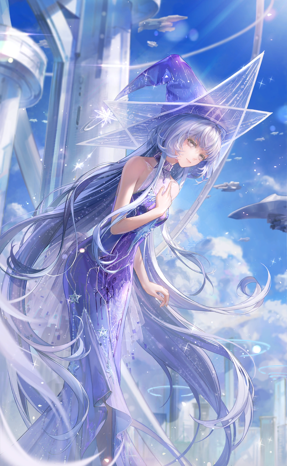 nikki (series), shining nikki, artist request, game cg, highres, official art, 1girl, bare arms, bare shoulders, belt, belt buckle, belt collar, blue sky, buckle, city, closed mouth, cloud, collar, collarbone, dress, empty eyes, feet out of frame, glow (shining nikki), gown, grey hair, grey pantyhose, hand on own chest, happy, hat, laws of stars (shining nikki), leaning, light particles, light rays, lipstick, long dress, long hair, looking at viewer, makeup, official alternate color, pantyhose, pink lips, purple belt, purple dress, purple hat, science fiction, sky, sleeveless, sleeveless dress, smile, solo, standing, star (symbol), star print, sunlight, ufo, very long hair, wavy hair, witch hat, yellow eyes