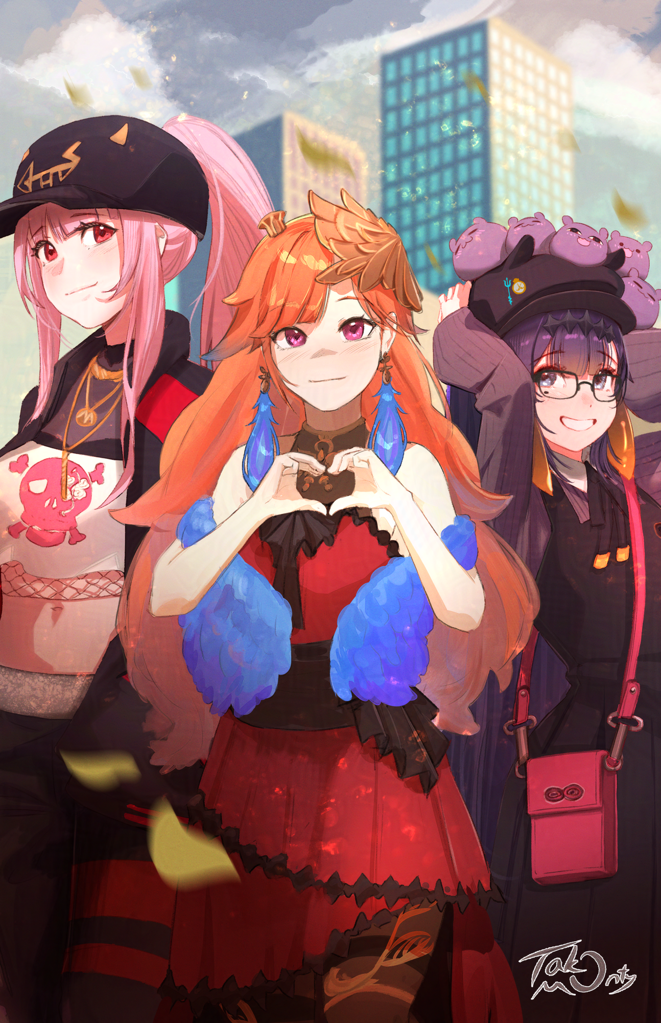 takomonty, mori calliope, ninomae ina'nis, takanashi kiara, hololive, hololive english, highres, 3girls, black hat, blurry, blurry background, building, earrings, feather earrings, feathers, glasses, hat, heart, heart hands, high ponytail, jacket, jewelry, long hair, looking at viewer, mole, mole under eye, multicolored hair, multiple girls, open clothes, open jacket, orange hair, pink eyes, pink hair, ponytail, purple hair, red eyes, skull print, smile, teeth