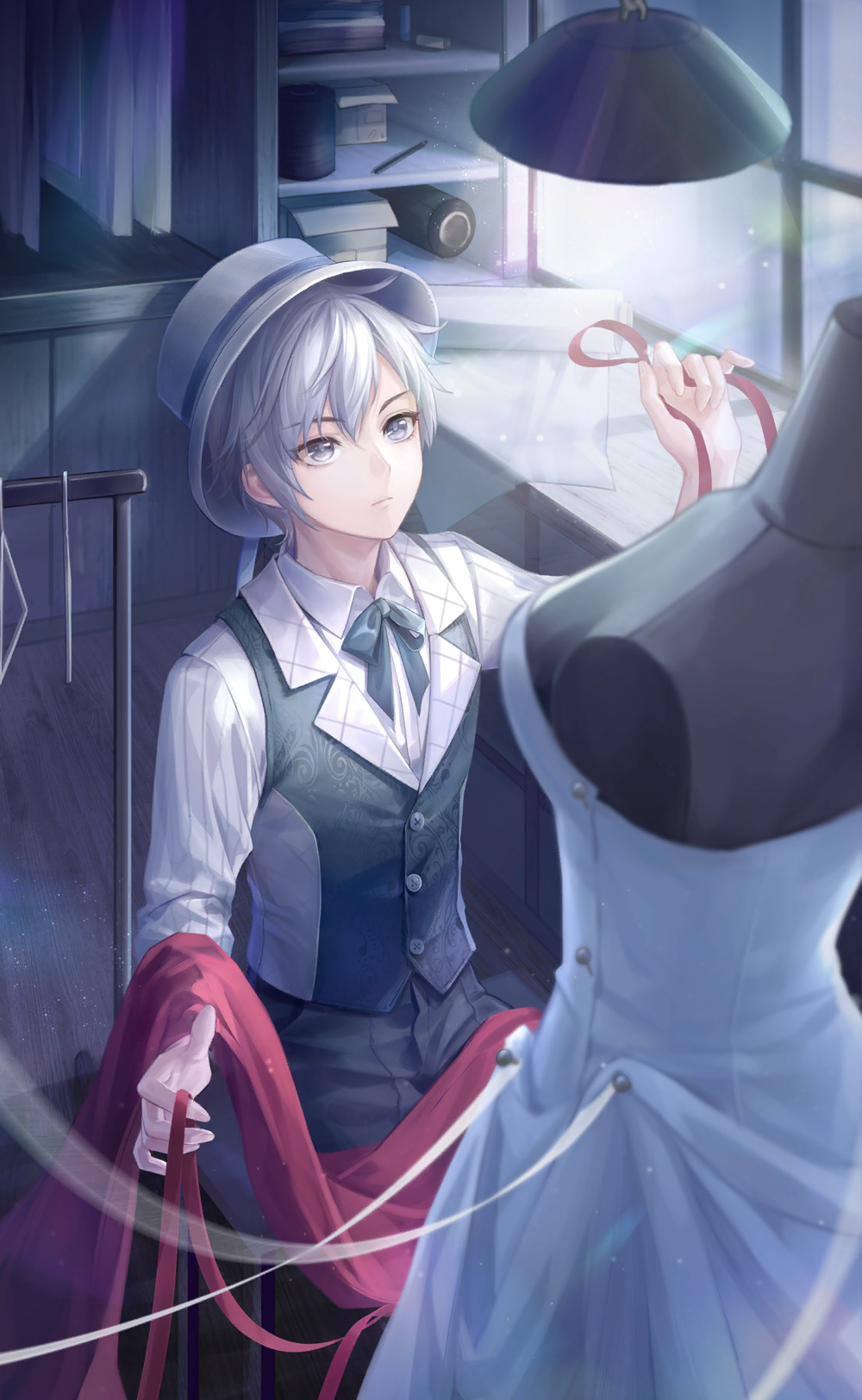 nikki (series), shining nikki, artist request, game cg, highres, official art, 1boy, black vest, bow, bowtie, buttons, ceiling light, closed mouth, collared shirt, collared vest, cowboy shot, dress, dress pants, expressionless, fabric, grey bow, grey bowtie, grey eyes, grey hair, grey hat, grey pants, hair between eyes, hat, helz (shining nikki), holding, holding ribbon, indoors, lapels, light frown, lips, long sleeves, looking at object, male focus, mannequin, notched lapels, on stool, pants, pen, ribbon, sewing, shelf, shirt, short hair, sitting, solo, table, unworn dress, vertical-striped sleeves, vest, white dress, white shirt, window