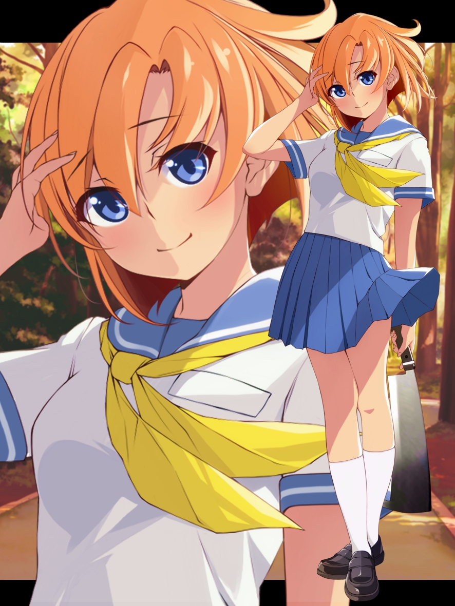 chuutaro metal, ryuuguu rena, higurashi no naku koro ni, commentary, 1girl, arm at side, black shoes, blue eyes, blue sailor collar, blue skirt, blunt ends, blush, bob cut, closed mouth, clothes lift, floating hair, full body, hand on own head, hand up, holding, holding weapon, kneehighs, letterboxed, loafers, looking at viewer, medium hair, miniskirt, multiple views, nata (tool), neckerchief, orange hair, outdoors, pleated skirt, sailor collar, school uniform, serafuku, shirt, shoes, short sleeves, skirt, skirt lift, smile, socks, split mouth, standing, sunset, upper body, weapon, white shirt, white socks, wind, wind lift, yellow neckerchief