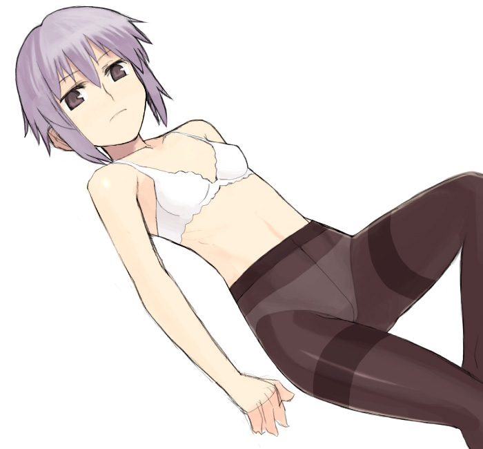 yu 65026, nagato yuki, suzumiya haruhi no yuuutsu, 00s, 1girl, black pantyhose, bra, breasts, cleavage, collarbone, crotch seam, female focus, flat chest, hip focus, lace, lingerie, midriff, navel, panties, panties under pantyhose, pantyhose, purple hair, small breasts, solo, thighband pantyhose, thighs, underwear, underwear only