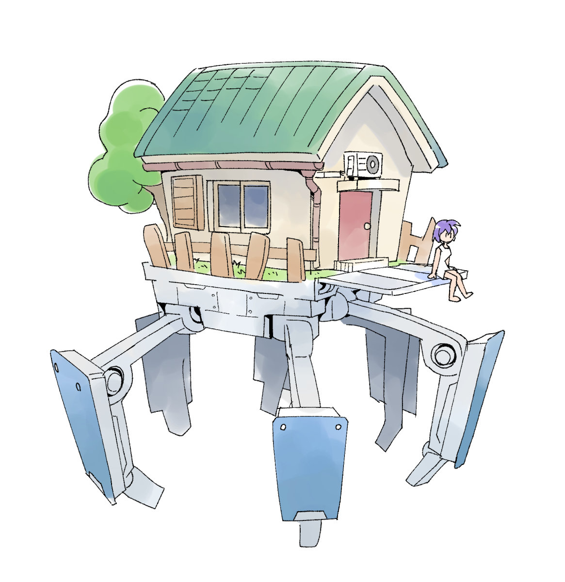 masuki, original, highres, 1girl, air conditioner, door, dress, fence, foot dangle, house, mecha, purple hair, robot, short hair, simple background, sitting, solo, tree, walker (robot), white background, white dress, window, wooden fence