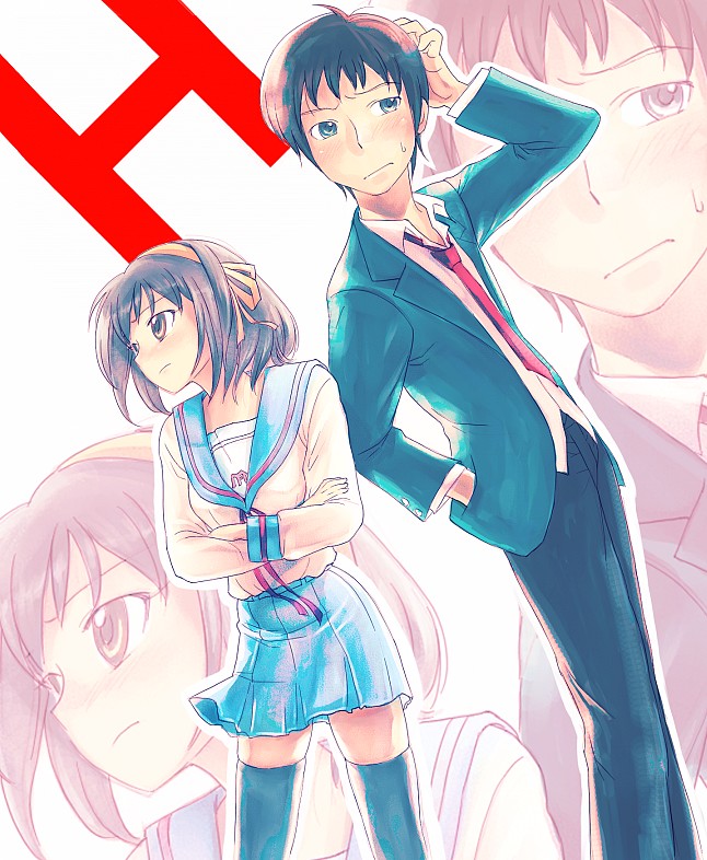 mekarauroko, kyon, suzumiya haruhi, suzumiya haruhi no yuuutsu, 00s, 1boy, 1girl, brown hair, couple, hetero, school uniform, serafuku, short hair, thighhighs, zettai ryouiki, zoom layer