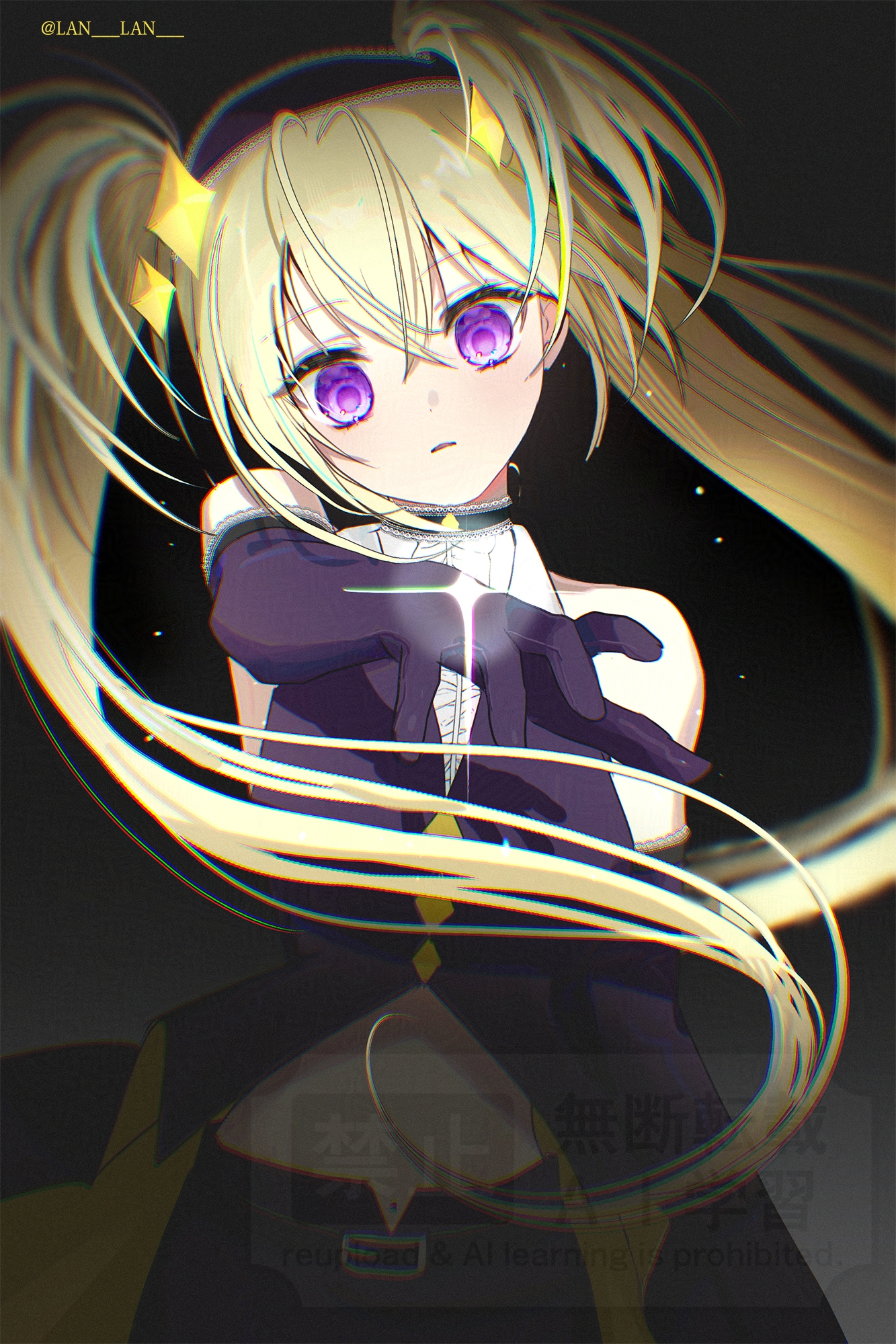 dark jewel, hoshina utau, shugo chara!, commentary request, highres, korean commentary, making-of available, 1girl, black gloves, blonde hair, choker, chromatic aberration, elbow gloves, floating hair, gloves, hair between eyes, hairband, lan lan, magical girl, outstretched arm, purple eyes, sash, sidelocks, solo, sparkle, twintails, twitter username
