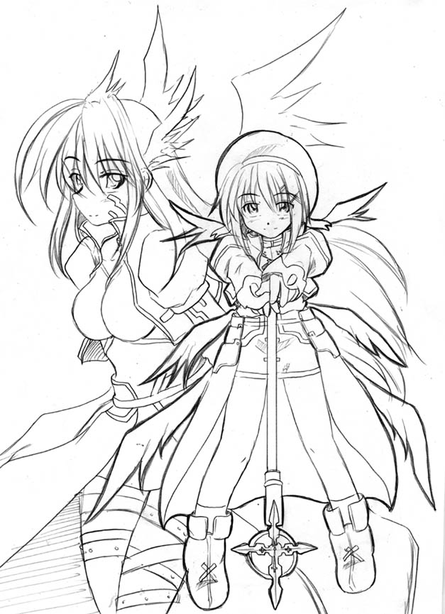 zero point, reinforce, schwertkreuz, yagami hayate, lyrical nanoha, mahou shoujo lyrical nanoha, mahou shoujo lyrical nanoha a's, 00s, 2girls, greyscale, hair ornament, hat, leg belt, magical girl, monochrome, multiple girls, waist cape, winged hair ornament, wings, x hair ornament