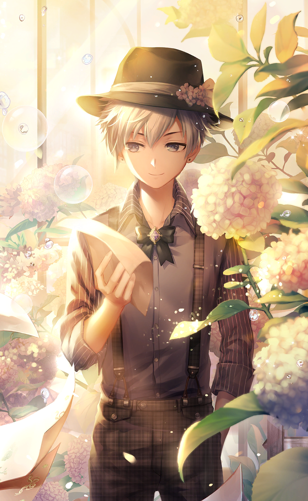 nikki (series), shining nikki, artist request, game cg, highres, official art, 1boy, black hat, black pants, blue eyes, blue flower, blue shirt, bowler hat, bubble, buttons, closed mouth, collared shirt, cowboy shot, dress shirt, earrings, flower, greenhouse, grey hair, hair between eyes, hand in pocket, happy, hat, hat flower, helz (shining nikki), holding, holding paper, indoors, jewelry, leaf, light particles, light rays, long sleeves, looking to the side, male focus, pants, paper, pink flower, purple flower, shirt, short hair, sleeve cuffs, smile, solo, standing, stud earrings, sunlight, sunset, suspender pants, suspenders, vertical-striped sleeves