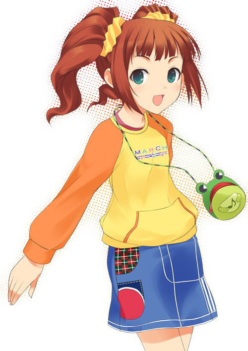 mizuki makoto, takatsuki yayoi, idolmaster, idolmaster (classic), idolmaster 1, 00s, 1girl, brown hair, female focus, green eyes, open mouth, raglan sleeves, solo, twintails