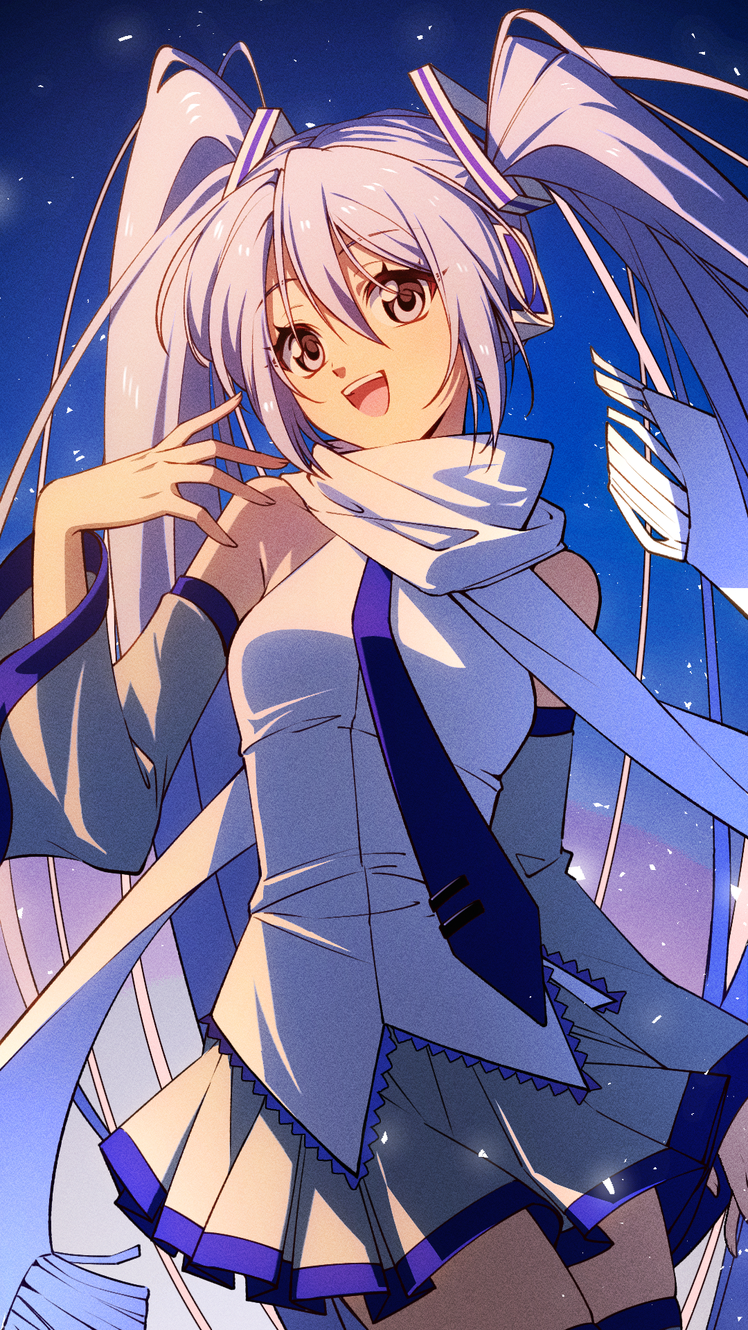 careful x, hatsune miku, yuki miku, vocaloid, chinese commentary, commentary request, highres, 1girl, :d, blue boots, blue necktie, blue sky, blue trim, boots, cowboy shot, detached sleeves, film grain, floating clothes, headphones, looking at viewer, necktie, open mouth, pleated skirt, scarf, shirt, skirt, sky, sleeveless, sleeveless shirt, smile, solo, thigh boots, thighhighs, twintails, white eyes, white hair, white scarf, white shirt, white skirt, white sleeves, zettai ryouiki
