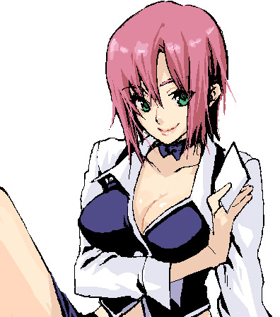 yuuryuu nagare, rio rollins, super blackjack, breast hold, lowres, 1girl, breasts, breasts squeezed together, card, croupier, female focus, green eyes, holding, holding card, large breasts, oekaki, solo