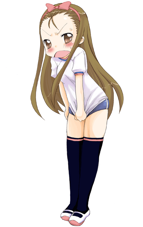 noise (mokusei), minase iori, idolmaster, idolmaster (classic), idolmaster 1, 00s, 1girl, black thighhighs, blush, brown hair, buruma, female focus, gym uniform, hair ribbon, headband, long hair, ribbon, shirt tug, simple background, solo, sweat, thighhighs