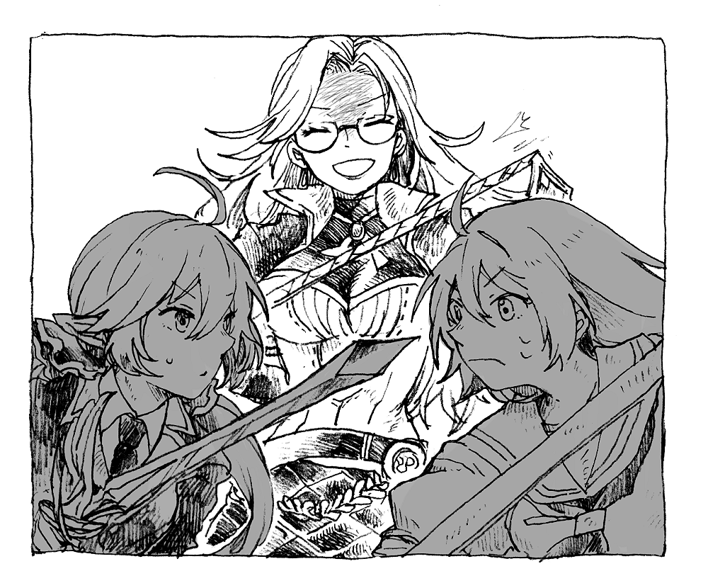 michibata 65, foran (another eden), ruina (another eden), another eden, commentary request, 3girls, :o, ahoge, belt, blazer, border, breasts, cerrine (another eden), closed eyes, closed mouth, collared shirt, cross tie, curtained hair, double-parted bangs, dress, evil grin, evil smile, facing viewer, fighting stance, glasses, greyscale, grin, hair between eyes, hair ribbon, hatching (texture), holding, holding sword, holding weapon, holding whip, jacket, large breasts, linear hatching, long hair, long pointy ears, looking at another, low twintails, monochrome, multiple girls, neckerchief, necktie, open mouth, parted bangs, pointy ears, popped collar, ribbon, sailor collar, shaded face, shirt, sidelocks, simple background, smile, standing, sweatdrop, sword, twintails, upper body, v-shaped eyebrows, weapon, white background, white border