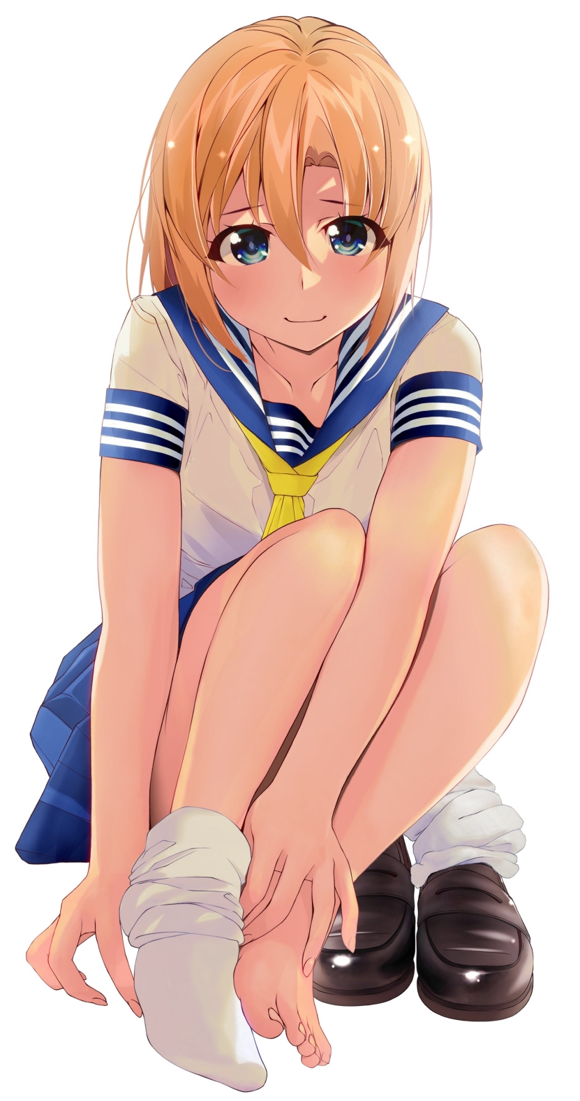 chuutaro metal, ryuuguu rena, higurashi no naku koro ni, commentary request, highres, 1girl, barefoot, blue eyes, blue sailor collar, blue skirt, brown shoes, closed mouth, collarbone, convenient arm, eyelashes, eyes visible through hair, feet, full body, hair between eyes, knees up, loafers, looking at viewer, medium hair, miniskirt, neckerchief, orange hair, pleated skirt, pulling own clothes, sailor collar, school uniform, serafuku, shirt, shoes, short sleeves, simple background, sitting, skirt, smile, sock pull, solo, sparkle, straight hair, toenails, toes, undressing, unworn shoes, white background, white shirt, yellow neckerchief
