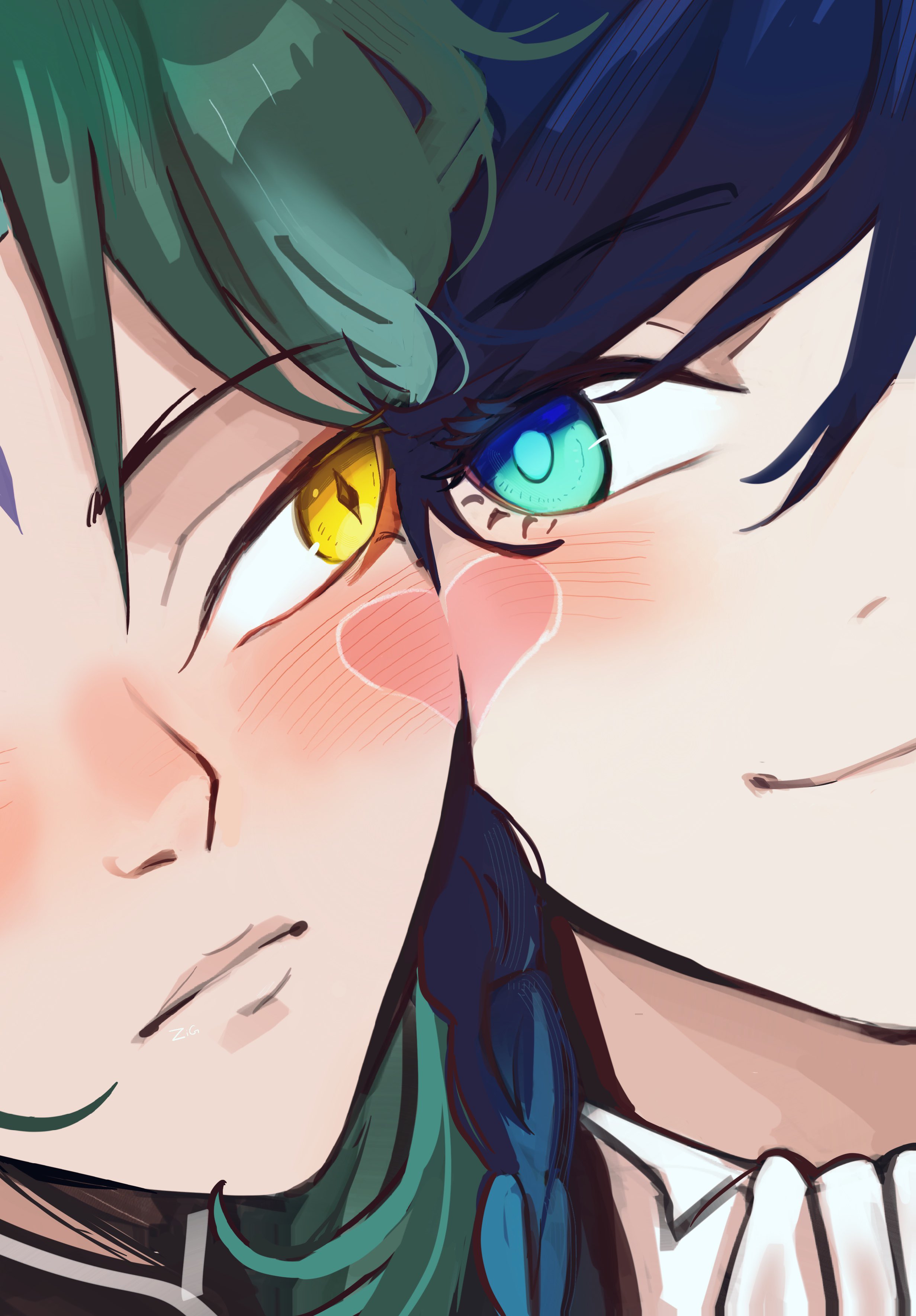 venti (genshin impact), xiao (genshin impact), genshin impact, absurdres, hashtag-only commentary, highres, 2boys, aqua eyes, blue hair, braid, closed mouth, diamond-shaped pupils, diamond (shape), eyelashes, green hair, heart, looking at another, male focus, multiple boys, side-by-side, smile, symbol-shaped pupils, yaoi, yellow eyes, zig tan