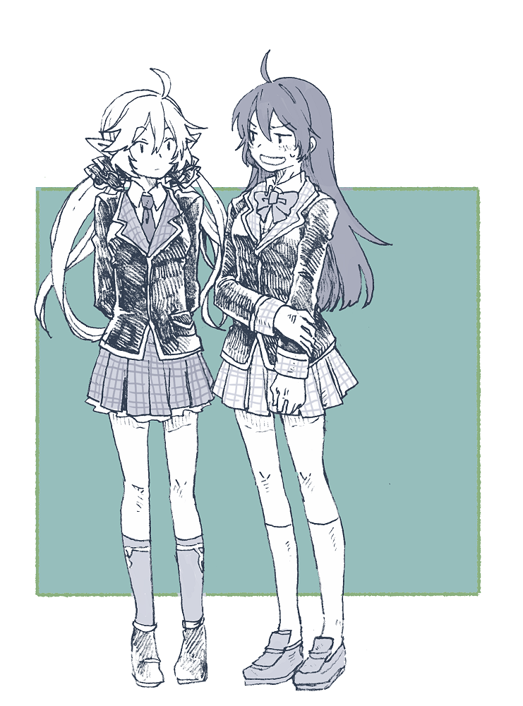 michibata 65, foran (another eden), ruina (another eden), another eden, commentary request, 2girls, ahoge, arm across waist, arms behind back, blazer, blush, border, bow, bowtie, breasts, closed mouth, collared shirt, double-parted bangs, embarrassed, full body, green background, greyscale with colored background, hair between eyes, hair ribbon, hand on own arm, hatching (texture), jacket, kneehighs, lapels, linear hatching, loafers, long hair, long pointy ears, long sleeves, looking at another, looking to the side, low twintails, medium breasts, miniskirt, multiple girls, necktie, notched lapels, open mouth, outside border, plaid clothes, plaid skirt, pleated skirt, pointy ears, raised eyebrows, ribbon, school uniform, shirt, shoes, sidelocks, simple background, skirt, socks, standing, sweatdrop, turning head, twintails, v-shaped eyebrows, very long hair, white border