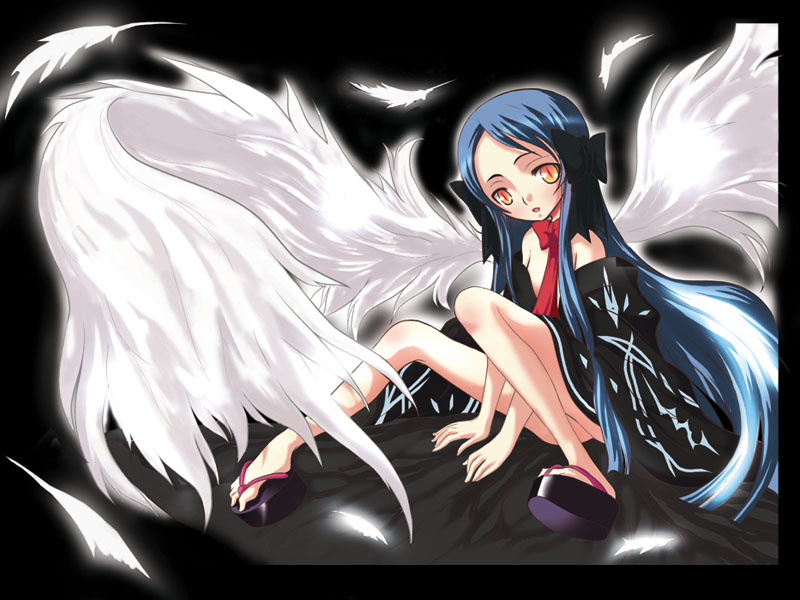 murasame ryou, original, 1girl, arm support, bare shoulders, black hair, border, bow, feathers, female focus, geta, hair bow, long hair, okobo, orange eyes, parted lips, platform sandals, ribbon, sandals, sitting, solo, white wings, wings