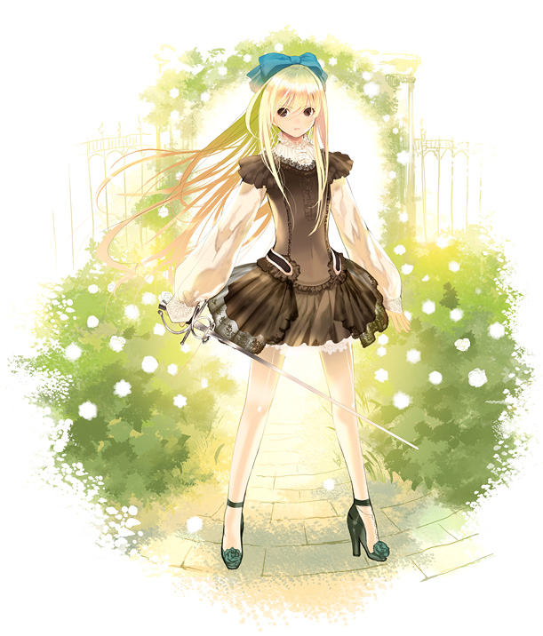 miyama waka, duelist, original, 1girl, black dress, blonde hair, bow, brown eyes, dress, female focus, garden, high heels, long hair, miniskirt, puffy sleeves, rapier, skirt, solo, sword, weapon