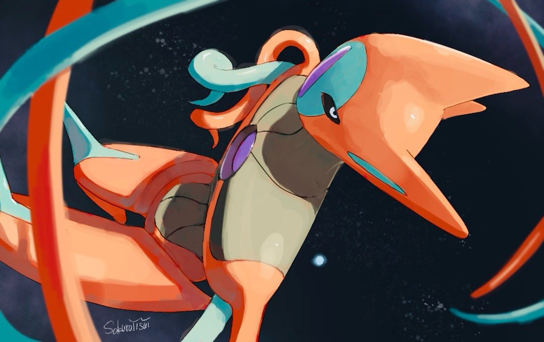 sakuraiisui, deoxys, deoxys (attack), nintendo, pokemon, commentary, hashtag-only commentary, alien, black sclera, chest jewel, colored sclera, gem, gen 3 pokemon, looking at viewer, mythical pokemon, no mouth, pokemon (creature), pokemon focus, purple gemstone, space, tendril arm, twitter username, white eyes