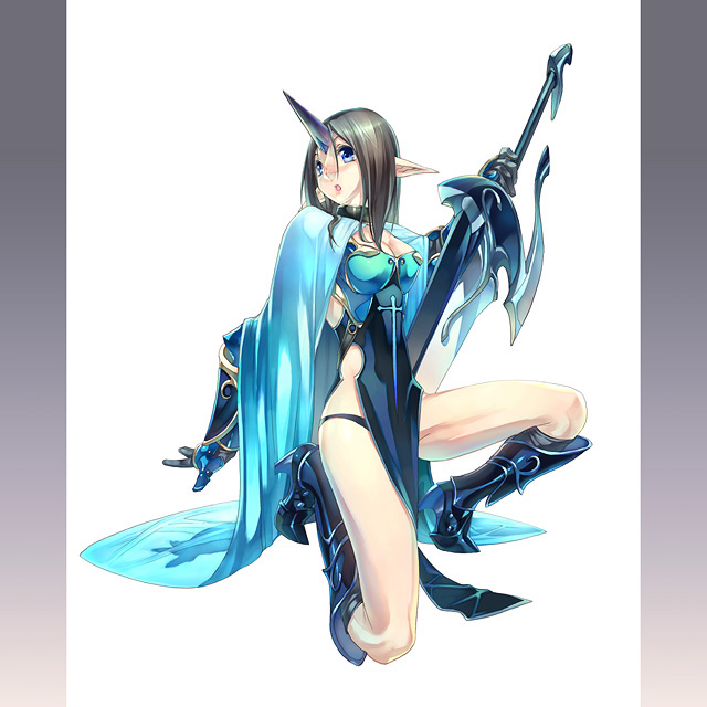 kousaki rui, original, 1girl, :o, armor, black hair, blue eyes, fantasy, female focus, full body, gauntlets, greaves, horns, long hair, on one knee, pillarboxed, pointy ears, single horn, solo, sword, weapon