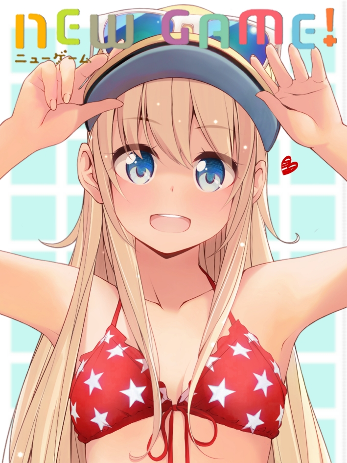 chuutaro metal, yagami kou, new game!, commentary, 1girl, :d, aqua background, bare shoulders, bikini, blonde hair, blue eyes, blush, breasts, collarbone, copyright name, eyelashes, eyes visible through hair, eyewear on headwear, hair between eyes, halterneck, hands up, heart, long hair, open mouth, red bikini, sidelocks, simple background, small breasts, smile, solo, star (symbol), star print, star print bikini, straight hair, sunglasses, swimsuit, teeth, upper teeth only, very long hair, visor cap, yellow visor