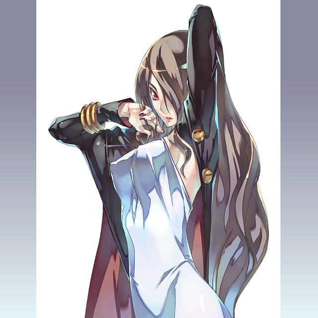 kousaki rui, original, 1girl, breasts, brown hair, female focus, hair over one eye, long hair, red eyes, sideboob, solo