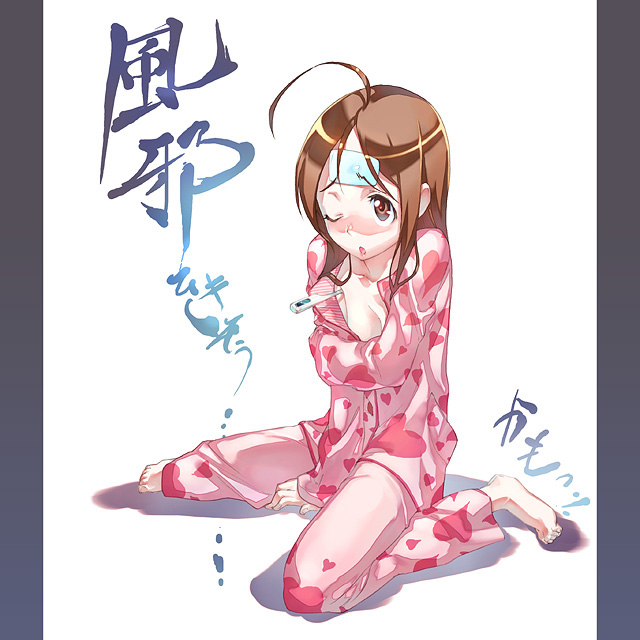 kousaki rui, original, 1girl, ahoge, barefoot, blush, breasts, brown eyes, brown hair, cleavage, cold pack, female focus, fever, heart, heart print, kneeling, long hair, one eye closed, pajamas, pillarboxed, sick, solo, thermometer