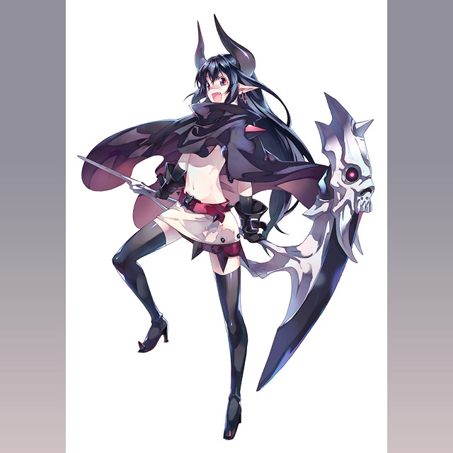 kousaki rui, original, black hair, cape, demon girl, fang, fantasy, gloves, high heels, horns, long hair, midriff, miniskirt, pointy ears, red eyes, scythe, shoes, skirt, thighhighs, zettai ryouiki