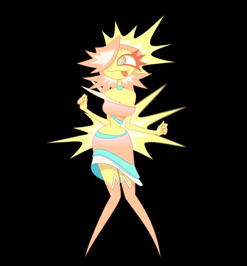 gooseworx, animated, tagme, video, 1girl, breasts, cleavage, colored skin, dancing, hair over one eye, multicolored eyes, no feet, pink hair, skirt, supernova (star), supernova shakedown, thighhighs, yellow skin