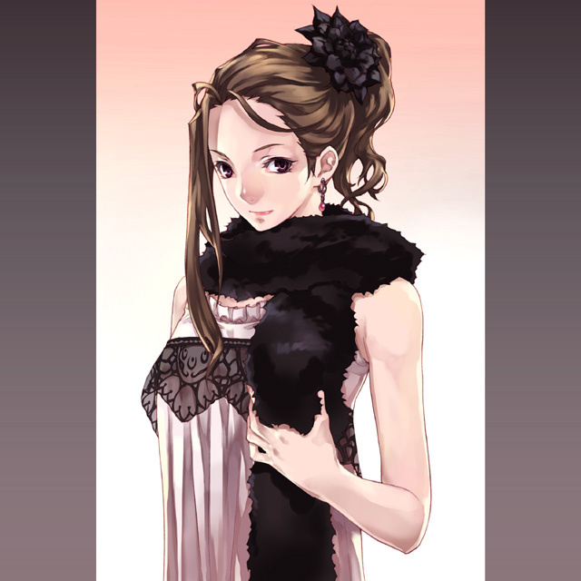 kousaki rui, original, 1girl, brown hair, earrings, eyelashes, female focus, flower, gradient background, hair flower, hair ornament, high ponytail, jewelry, ponytail, red background, scarf, solo