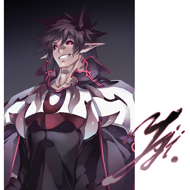 kousaki rui, original, 1boy, :d, armor, black sclera, breastplate, colored sclera, cowboy shot, grin, male focus, mixed-sex bathing, open mouth, pointy ears, purple hair, red eyes, shared bathing, shoulder pads, smile, solo, spiked hair, standing, teeth