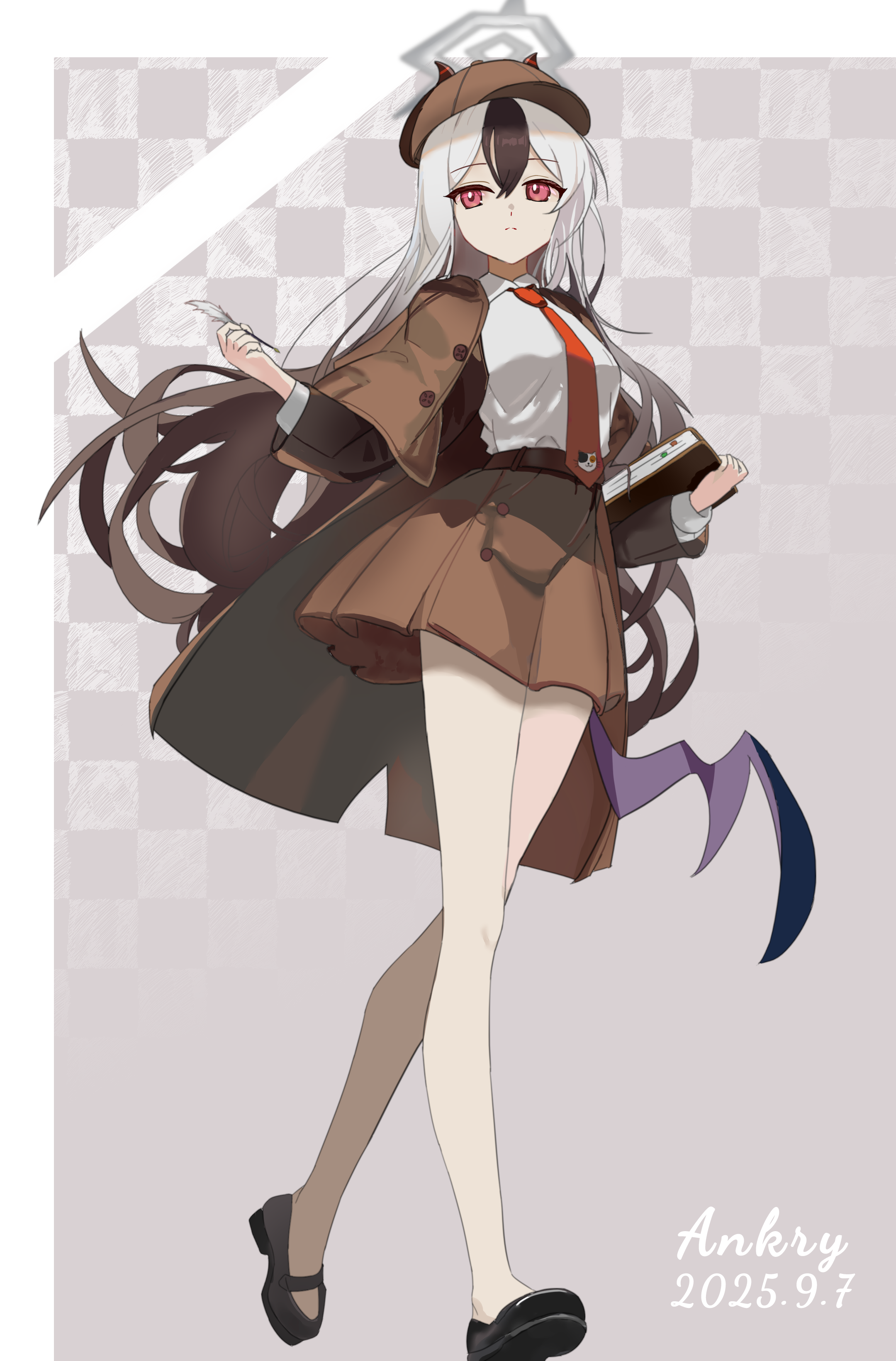 merak0901, kayoko (blue archive), blue archive, absurdres, commentary request, highres, 1girl, alternate costume, alternate hairstyle, black hair, blazer, book, brown coat, brown jacket, brown skirt, checkered background, coat, collared shirt, demon girl, demon horns, demon wings, detective, dual wielding, full body, gradient hair, hair between eyes, hair down, hat, holding, holding book, holding quill, horns, jacket, long hair, long sleeves, looking at viewer, multicolored hair, necktie, newsboy cap, open clothes, open coat, open jacket, pleated skirt, quill, red eyes, red necktie, shirt, shirt tucked in, sidelocks, simple background, single wing, skirt, solo, two-tone hair, walking, white hair, white shirt, wings