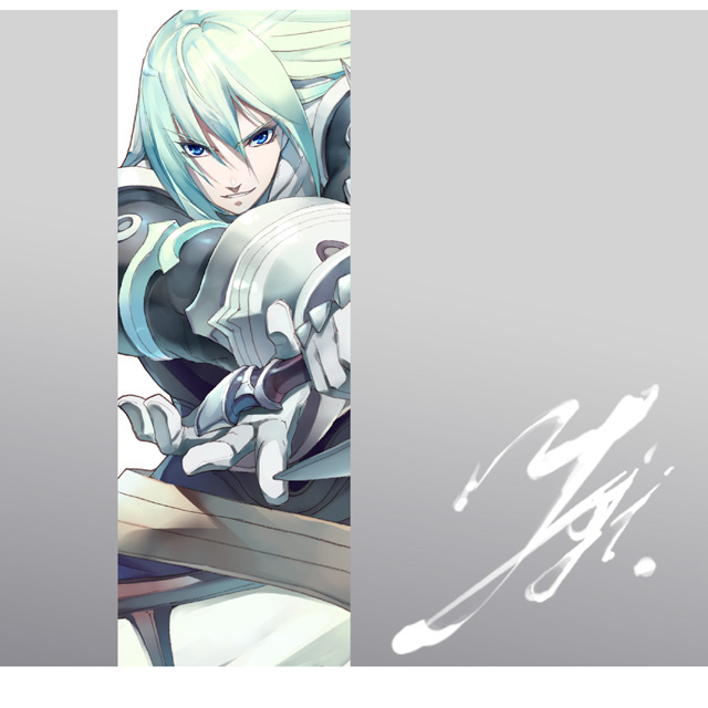 kousaki rui, original, 1boy, armor, blue eyes, blue hair, gradient background, male focus, matching hair/eyes, solo