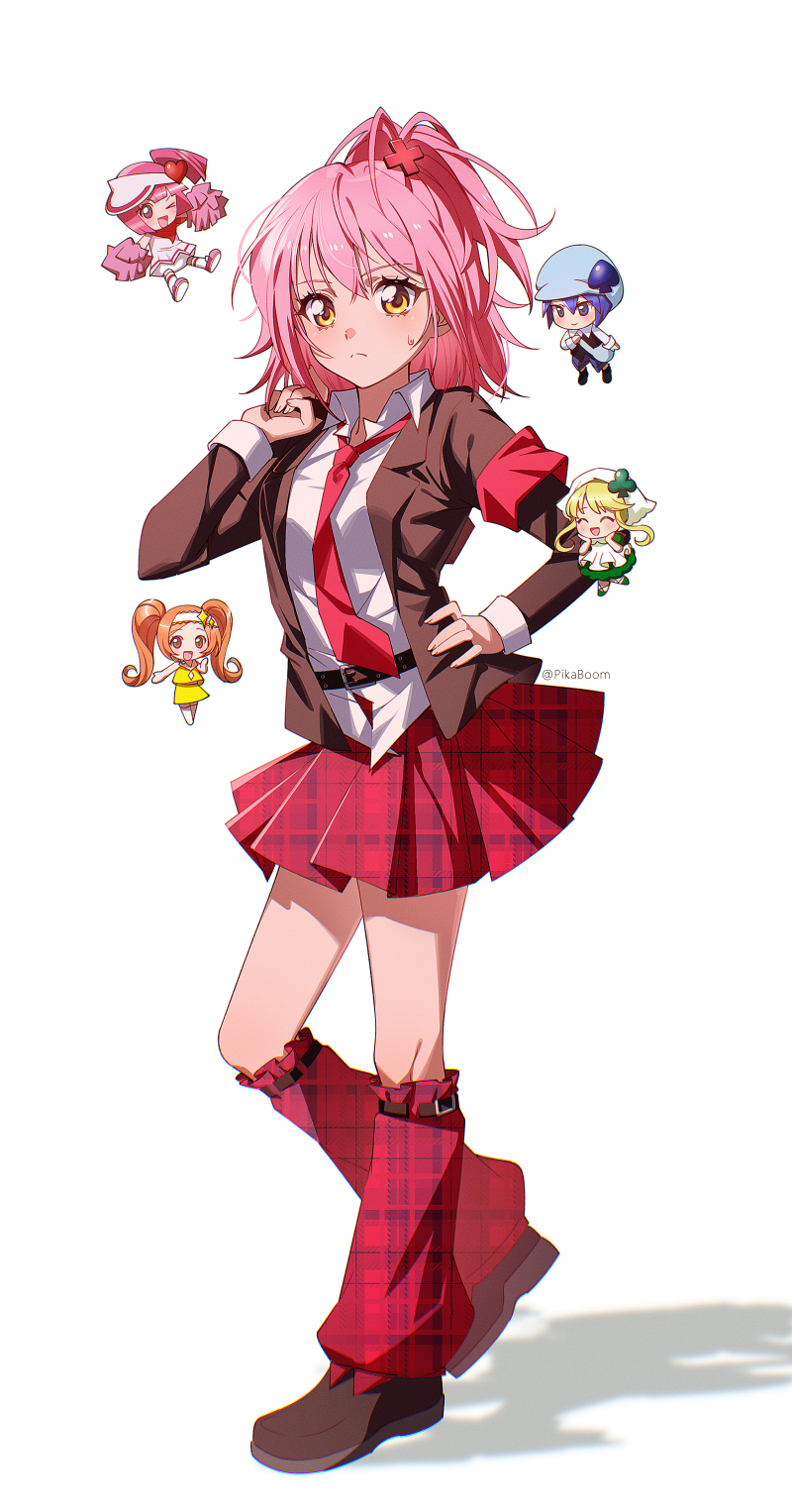 careful x, dia (shugo chara!), hinamori amu, miki (shugo chara!), ran (shugo chara!), suu (shugo chara!), shugo chara!, commentary request, highres, 5girls, :d, apron, armband, artist name, bag, belt, black belt, black jacket, black shoes, blonde hair, blue hair, blue hat, brown hair, club (shape), dress, full body, green dress, hair ornament, hairband, hand on own hip, hat, heart, heart hair ornament, holding, holding bag, jacket, leg warmers, looking at viewer, medium hair, multiple girls, neckerchief, necktie, open mouth, pink hair, pink hat, plaid clothes, plaid leg warmers, plaid skirt, pleated skirt, plus sign, pom pom (cheerleading), ponytail, red armband, red leg warmers, red neckerchief, red necktie, red skirt, school uniform, seiyo academy school uniform, shirt, shoes, short ponytail, shoulder bag, side ponytail, skirt, smile, spade (shape), sweatdrop, twintails, white apron, white background, white hairband, white shirt, yellow eyes, yellow shirt, yellow skirt
