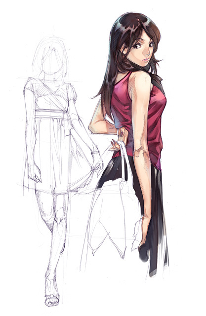hikarizaki rui, kousaki rui, original, 1girl, bare legs, bare shoulders, brown eyes, brown hair, cropped legs, dress, looking at viewer, lower body, red dress, sandals, shirt, simple background, sketch, skirt, standing, upper body, white background