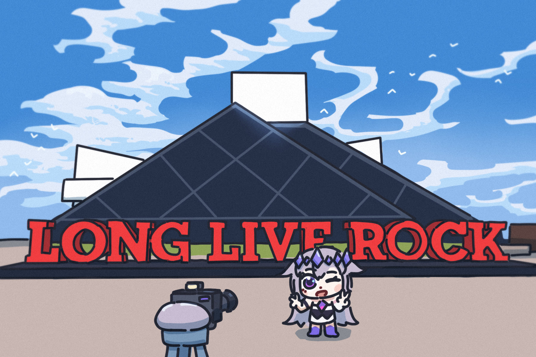 bing huyue, koseki bijou, koseki bijou (1st costume), pebble (koseki bijou), hololive, hololive english, highres, 1girl, 1other, blue sky, blush stickers, camera, chair, chest jewel, chibi, cloud, cloudy sky, double v, gem, gem hair ornament, hair flaps, museum, ohio, purple eyes, purple gemstone, purple hair, purple shoes, real world location, rock and roll hall of fame, shoes, sign, sky, standing, taking picture, united states, v, virtual youtuber