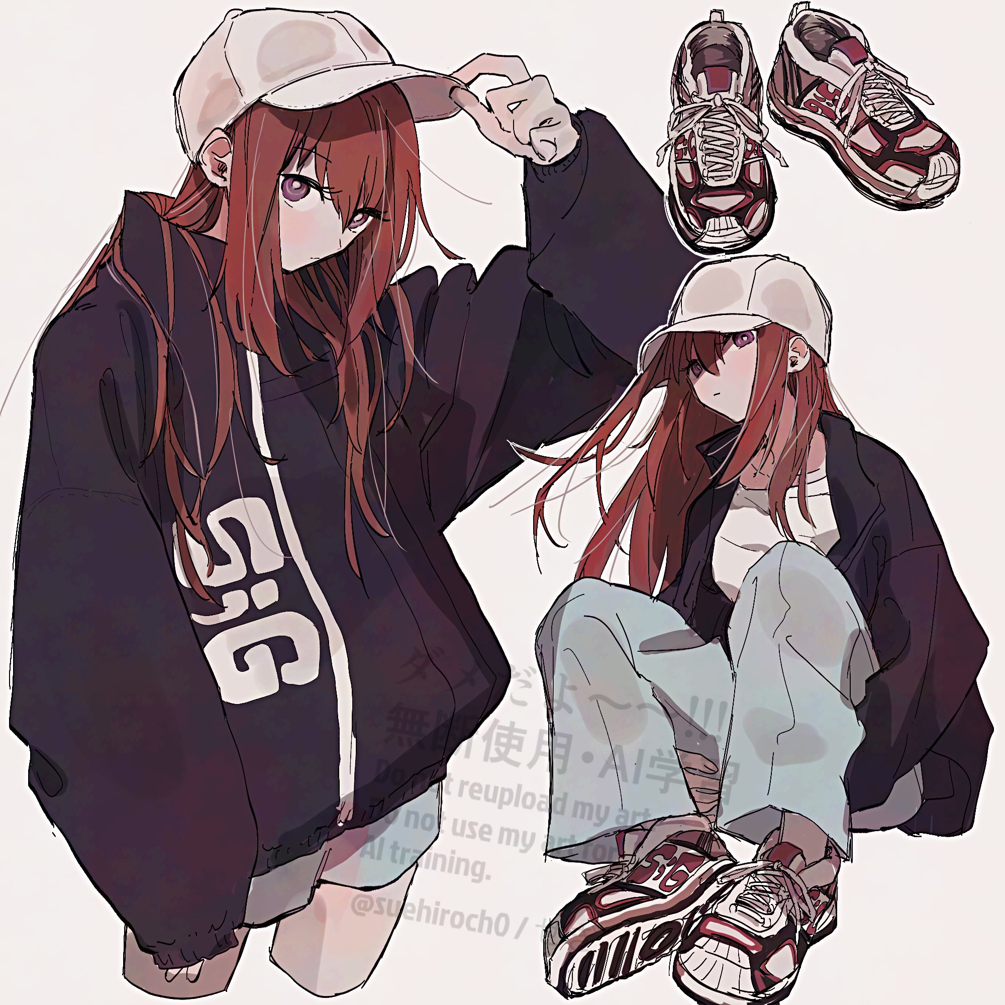 suehiroch0, makise kurisu, science adventure, steins;gate, commentary, highres, 1girl, baseball bat, black sweater, blue pants, blue shorts, bright pupils, expressionless, hair between eyes, hand on own hat, hat, hugging own legs, long hair, looking at viewer, loose hair strand, multiple views, pants, purple eyes, red hair, shirt, shoes, shorts, sidelocks, simple background, sitting, sweater, unworn shoes, watermark, white background, white hat, white pupils, white shirt
