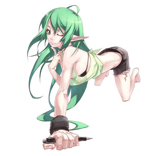 kousaki rui, original, barefoot, foreshortening, mechanical pencil, one eye closed, pencil, pointy ears, solo, wink