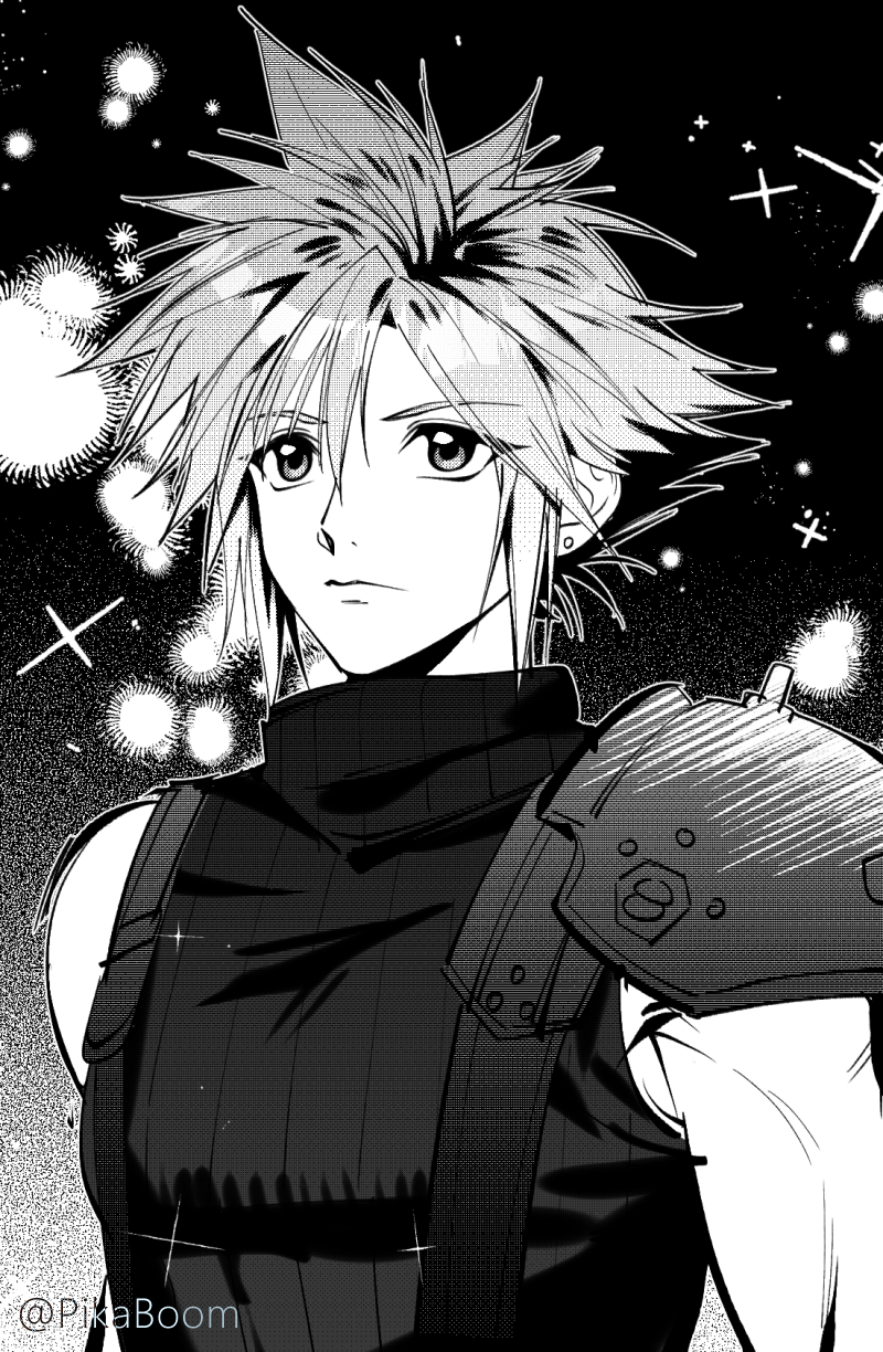 careful x, cloud strife, final fantasy, final fantasy vii, commentary, highres, 1boy, armor, earrings, gleam, greyscale, jewelry, male focus, monochrome, pauldrons, pixiv username, screentones, short hair, shoulder armor, single pauldron, sleeveless, sleeveless sweater, solo, spiked hair, stud earrings, suspenders, sweater, toned, toned male, upper body