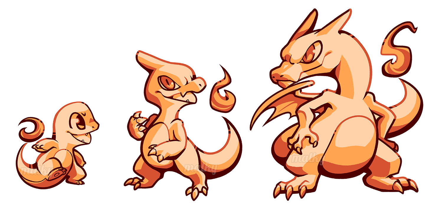 malky (malkshake), charizard, charmander, charmeleon, nintendo, pokemon, commentary, english commentary, claws, closed mouth, evolutionary line, fire, flame-tipped tail, full body, gen 1 pokemon, looking at viewer, monochrome, no humans, open mouth, orange theme, pokemon (creature), simple background, tail, white background