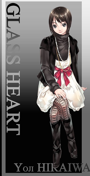 kousaki rui, 1girl, black boots, black hair, boots, border, bow, brown eyes, fashion, female focus, fishnet pantyhose, fishnets, full body, grey background, knee boots, lace-up boots, long sleeves, looking to the side, pantyhose, red bow, simple background, skirt, solo, standing, sweater, text focus, white skirt