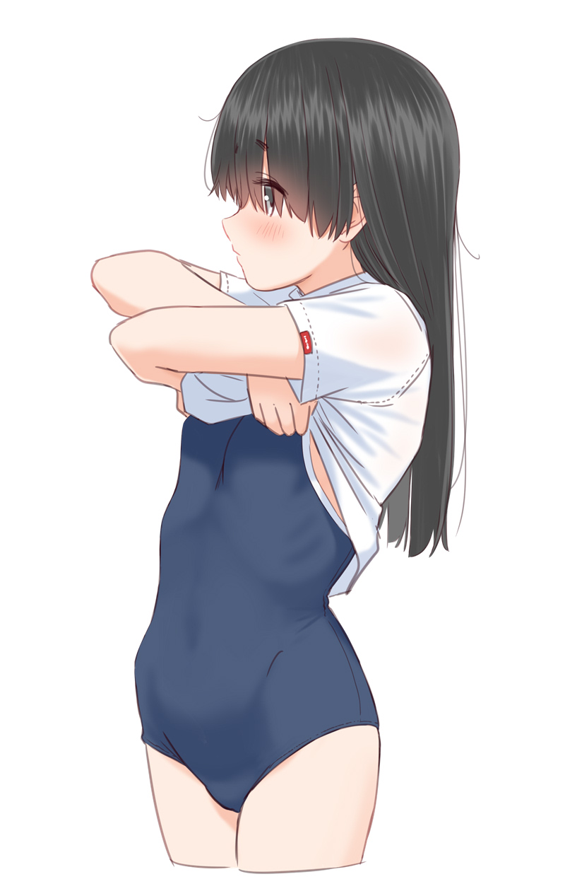 retsumaru, original, highres, 1girl, black hair, blunt bangs, blush, breasts, clothes lift, competition school swimsuit, covered navel, cropped legs, expressionless, grey eyes, long hair, looking ahead, one-piece swimsuit, ribs, school swimsuit, shirt, shirt lift, simple background, small breasts, solo, swimsuit, undressing, white background, white shirt