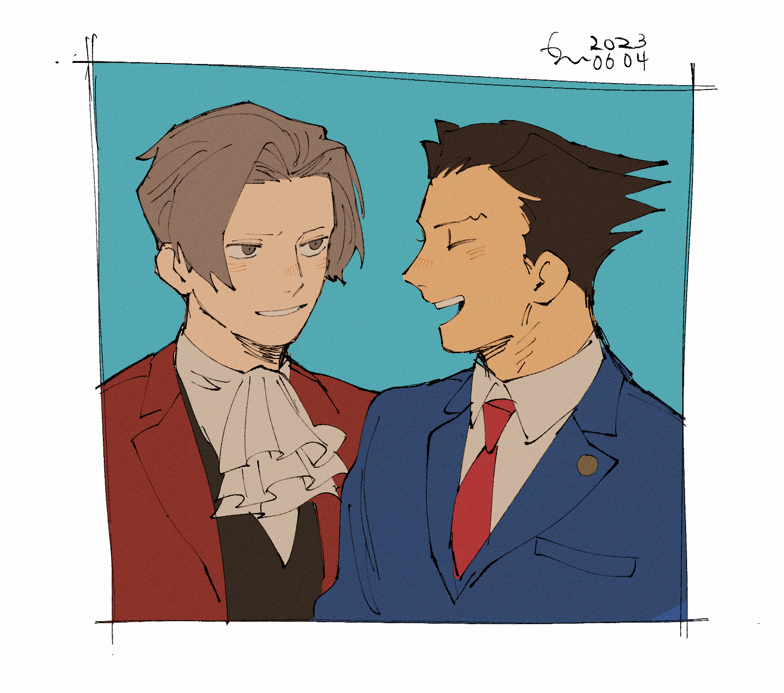 erm nkcn, miles edgeworth, phoenix wright, ace attorney, highres, 2boys, ascot, black hair, black vest, blue jacket, border, collared shirt, facing another, grey eyes, grey hair, jacket, male focus, multiple boys, necktie, open mouth, red jacket, red necktie, shirt, short hair, signature, upper body, vest, white ascot, white border