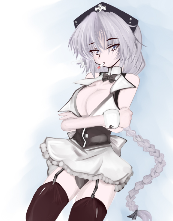 takaharu, yagokoro eirin, touhou, breast hold, 1girl, against wall, alternate costume, bare shoulders, black panties, black thighhighs, blue background, bow, bowtie, braid, breasts, center opening, cigarette, cleavage, corset, crossed arms, female focus, garter straps, grey eyes, grey hair, hair bow, hat, hip focus, long hair, looking at viewer, miniskirt, nurse cap, panties, pantyshot, skirt, smoking, solo, thighhighs, underwear, upskirt, very long hair, white background