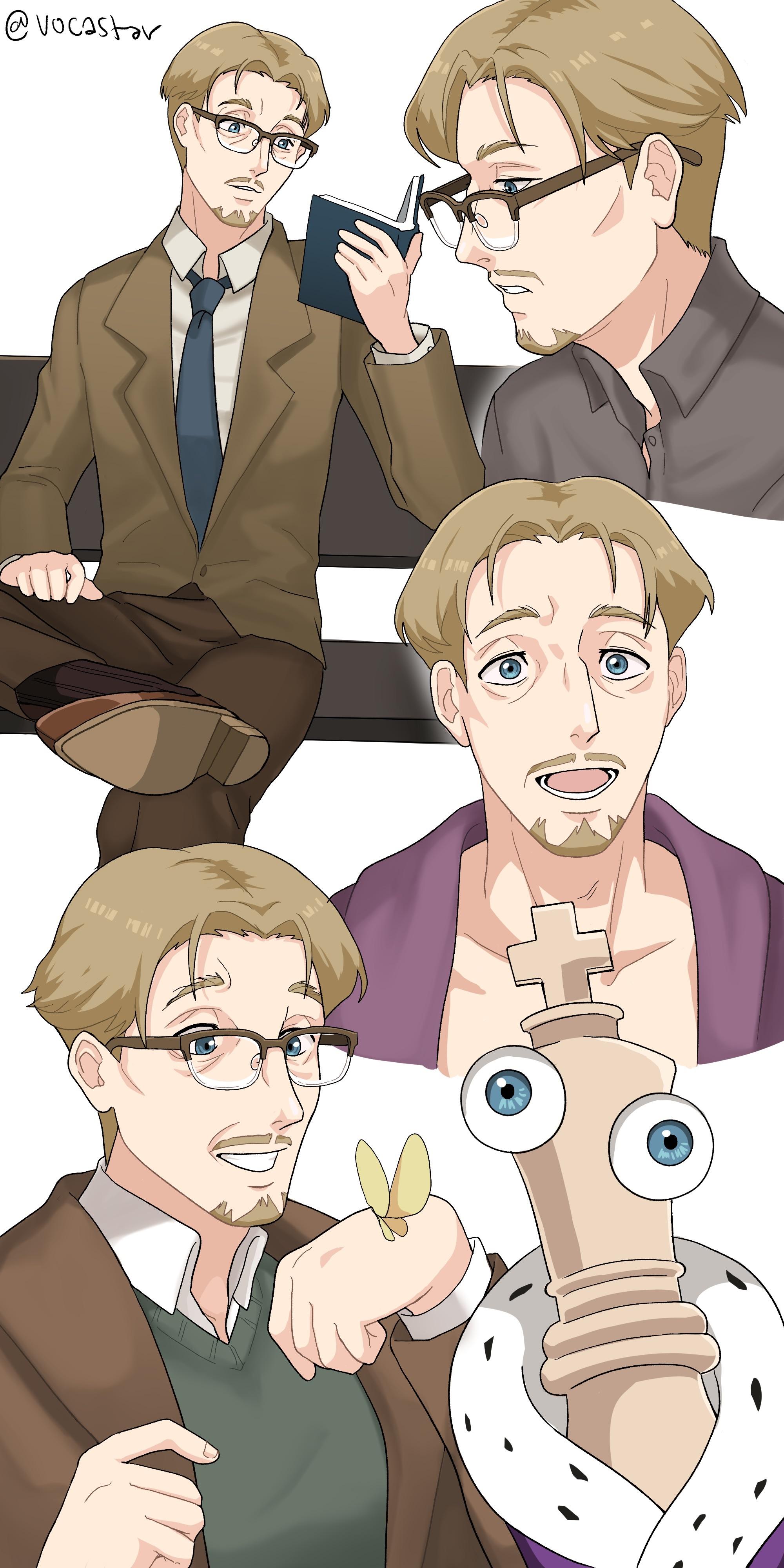 kinger (the amazing digital circus), the amazing digital circus, absurdres, highres, 1boy, beard, blonde hair, blue eyes, blue necktie, book, bug, butterfly, chess piece, crispinfairlie, facial hair, holding, holding book, humanization, insect, king (chess), male focus, mature male, mustache, necktie, over-rim eyewear, reading, robe, semi-rimless eyewear, simple background, white background